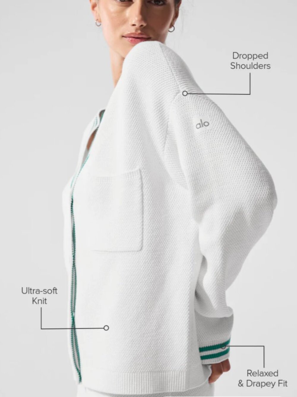 Alo Yoga Tennis Club Sweater Knit Cardigan White Spruce Green Women's S - Picture 4 of 6